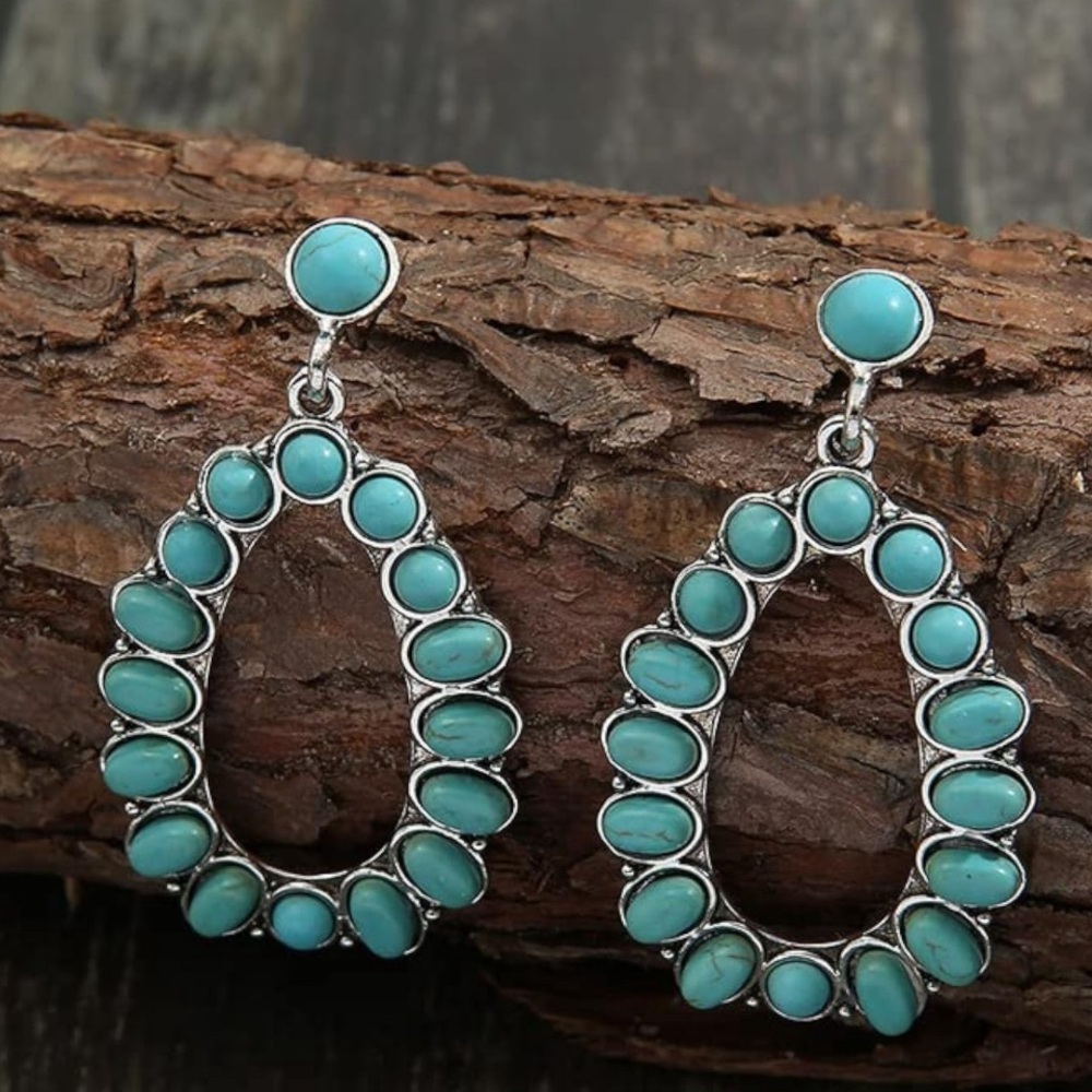 New Turquoise Dangle Earrings Vintage Oval Western Boho Teardrop Earrings